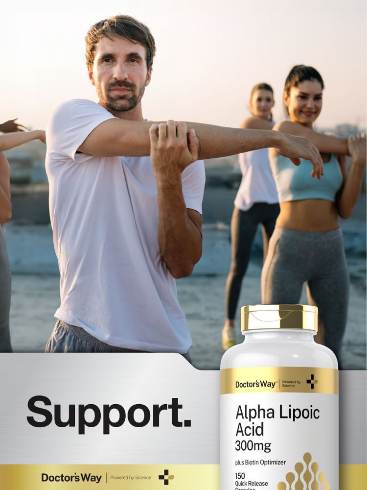 Adults stretching outdoors with a Doctor's Way Alpha Lipoic Acid 300mg bottle visible.