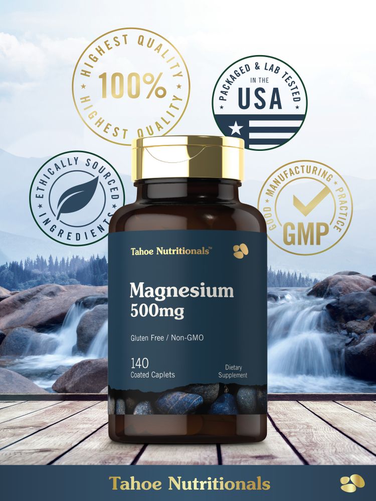 A bottle of magnesium supplement containing 140 coated caplets, each providing 500mg of magnesium, shown on a hand scale.