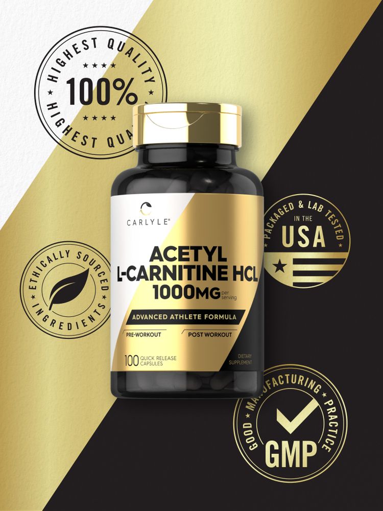 A bottle of Acetyl L-Carnitine HCl containing 1000mg per capsule with 100 quick release capsules displayed.