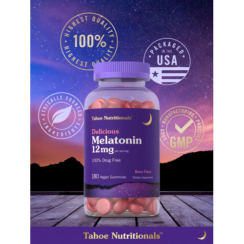 View 6 Heart-shaped vegan gummies with 12mg melatonin in berry flavor, 180 count package.