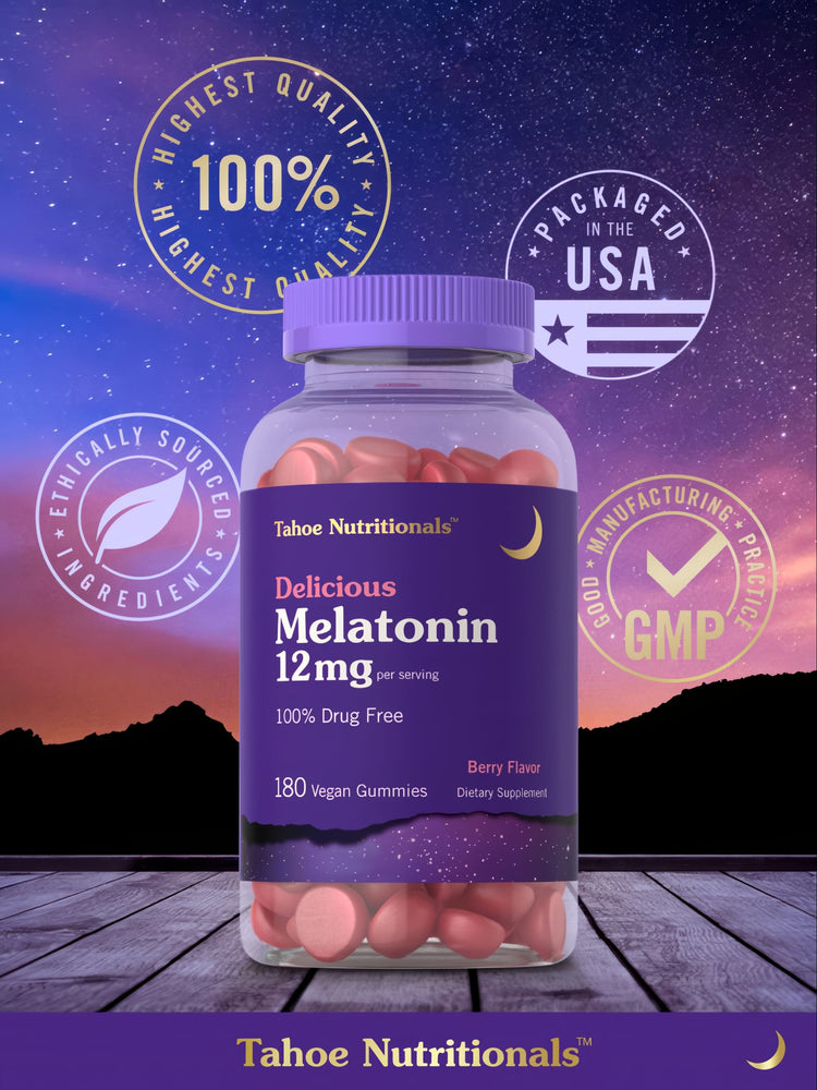 Heart-shaped vegan gummies with 12mg melatonin in berry flavor, 180 count package.