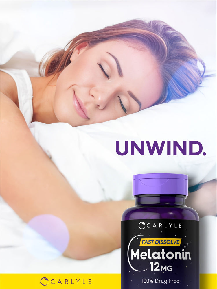 A young woman sleeps peacefully beside a bottle of Carlyle Melatonin.
