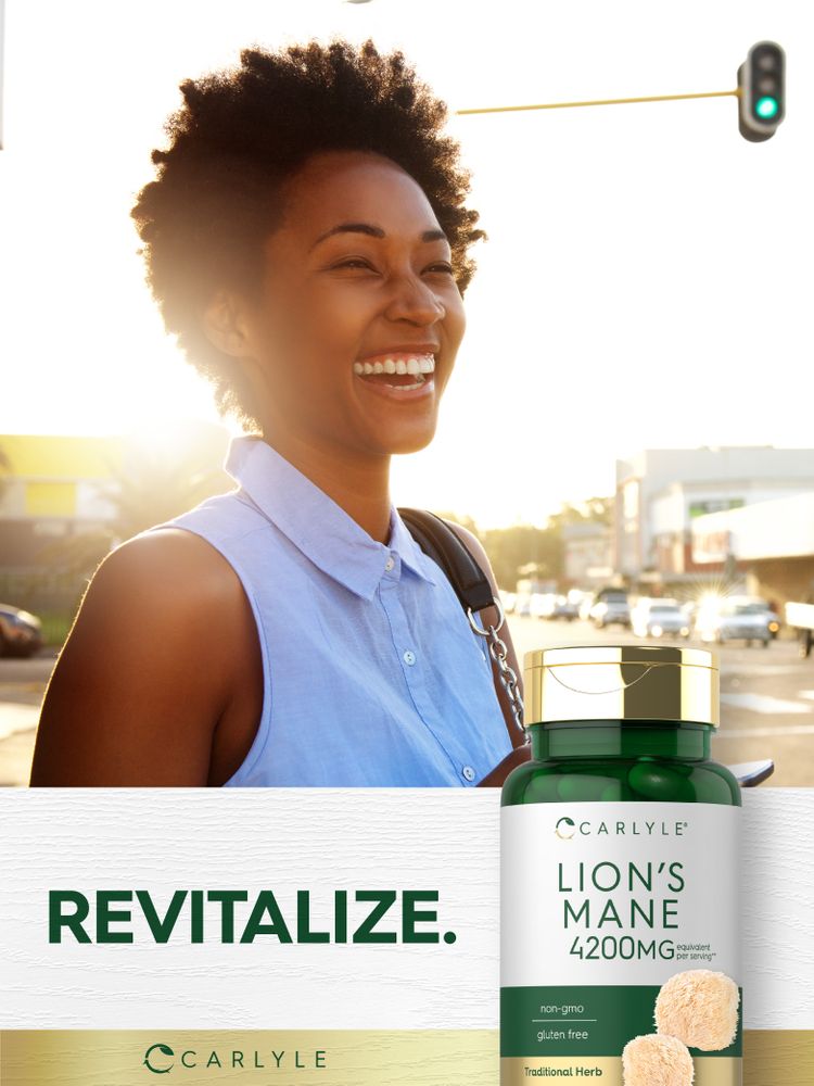 Young adult woman laughing outdoors, with 'REVITALIZE' text, a Carlyle Lion's Mane bottle, and raw Lion's Mane mushrooms.