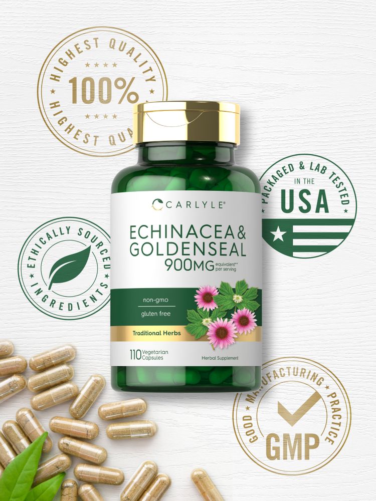 Loose light brown Echinacea & Goldenseal 900mg equivalent vegetarian capsules scattered on a white surface.