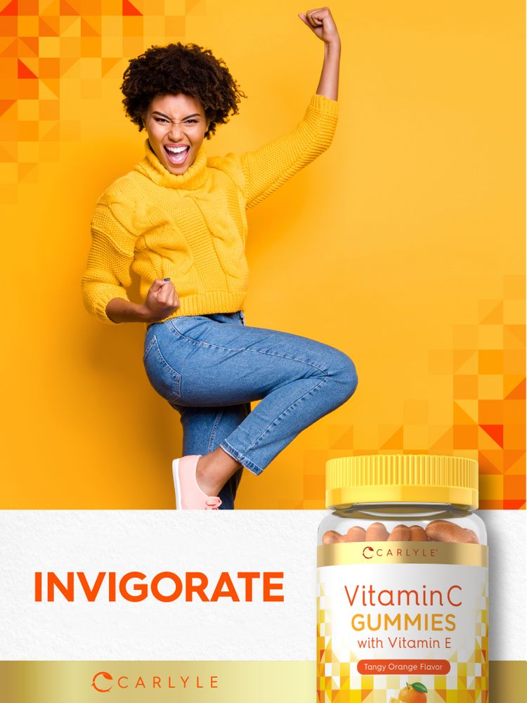 Young woman cheering with fists raised next to a Carlyle Vitamin C Gummies bottle.