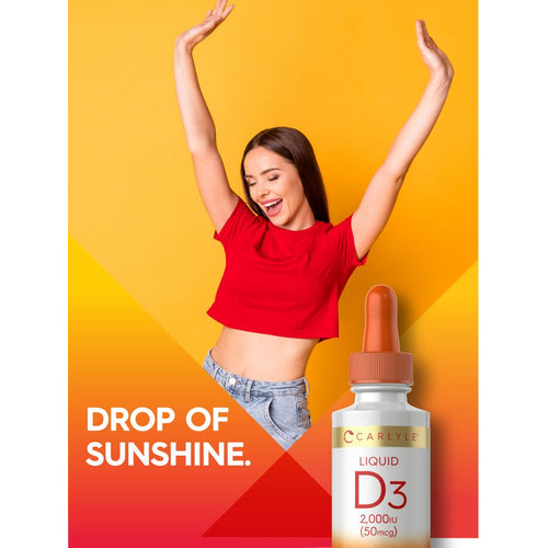 View 6 A young woman smiles with her arms raised beside a bottle of Carlyle Liquid D3.