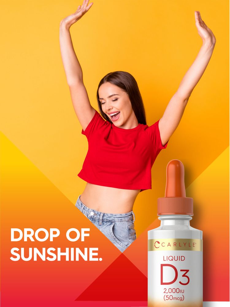 A young woman smiles with her arms raised beside a bottle of Carlyle Liquid D3.