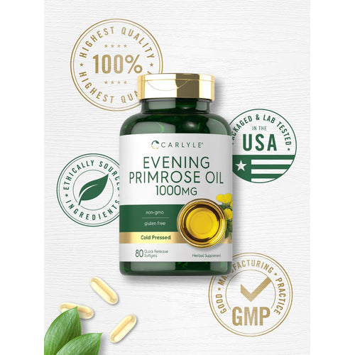 View 6 Yellow 1000 mg Evening Primrose Oil softgels scattered on white surface with green leaves.