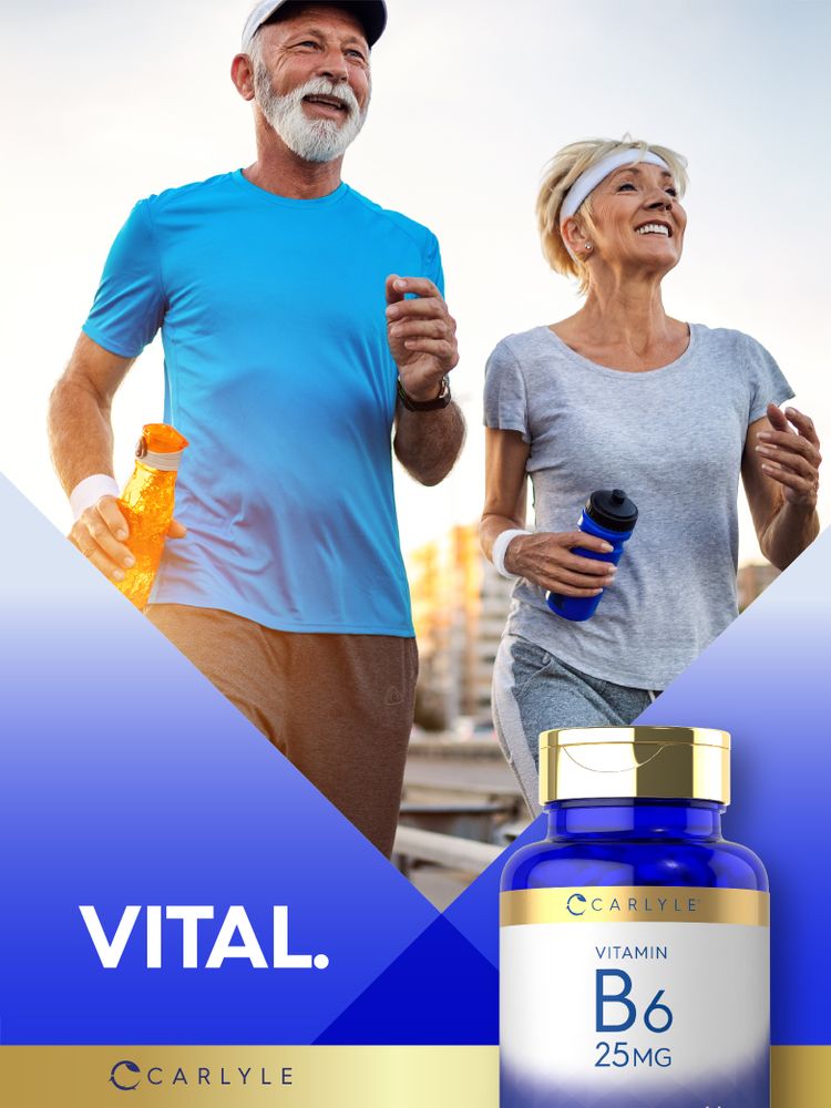 Older couple jogging outdoors next to a Carlyle Vitamin B6 bottle.