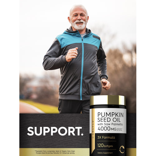 View 6 A senior man jogging next to a bottle of Pumpkin Seed Saw Palmetto dietary supplement.
