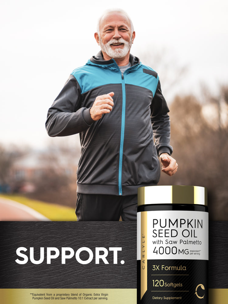 A senior man jogging next to a bottle of Pumpkin Seed Saw Palmetto dietary supplement.