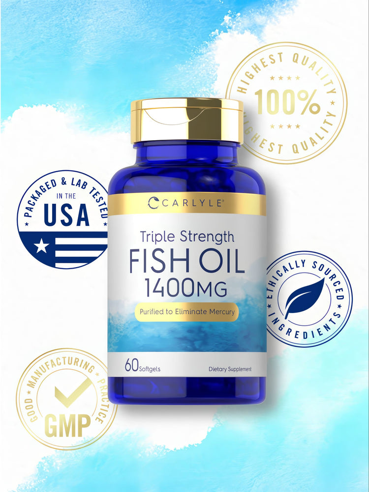 A bottle of Carlyle Triple Strength Fish Oil 1400mg softgels, containing 60 count, is placed next to a hand for scale.