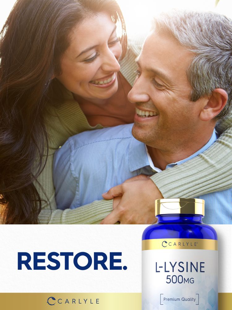 Middle-aged couple smiling with a Carlyle L-Lysine 500MG bottle. Graphic text reads: RESTORE.