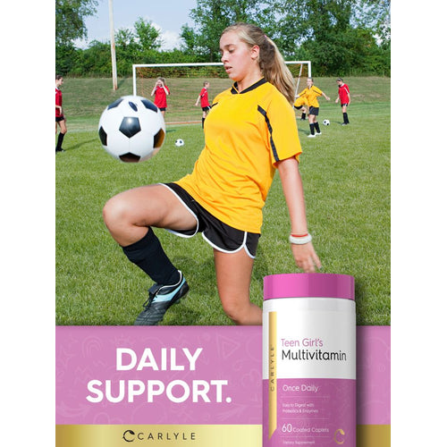 View 6 Teen girl playing soccer with a bottle of Teen Girl's Multivitamin nearby.