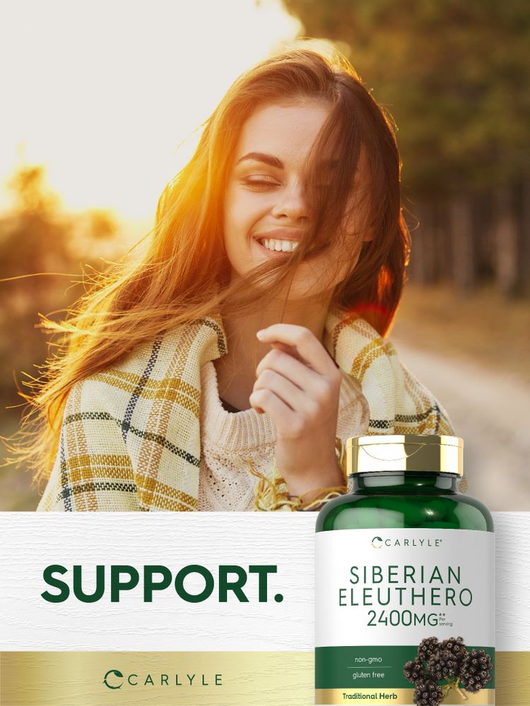 A young woman smiling outdoors with sunlight, next to a bottle of Carlyle Siberian Eleuthero.