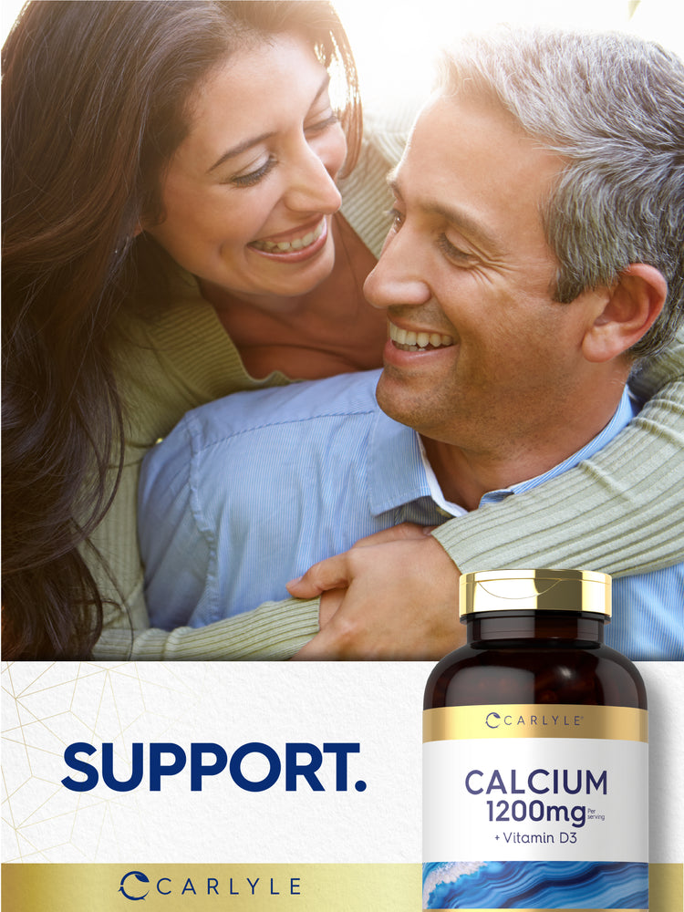 Carlyle Calcium 1200mg and Vitamin D3 bottle, with a smiling middle-aged couple embracing and 'SUPPORT' text.