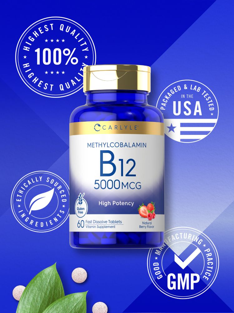 A hand holding Methyl B-12 5000 mcg Fast Dissolve Tablets, which are round and light pinkish-white.