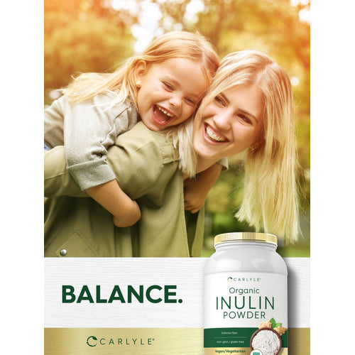 View 6 Organic Inulin Powder, 48 oz tub next to the word 'BALANCE.' with a lifestyle image of a woman and child.