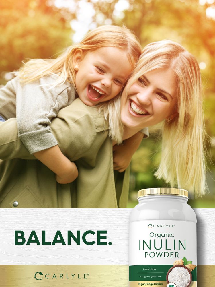 Organic Inulin Powder, 48 oz tub next to the word 'BALANCE.' with a lifestyle image of a woman and child.