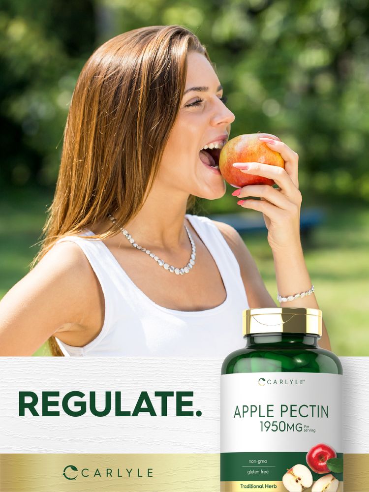 A young woman bites into a red apple next to the word 'REGULATE' and a bottle of Apple Pectin.