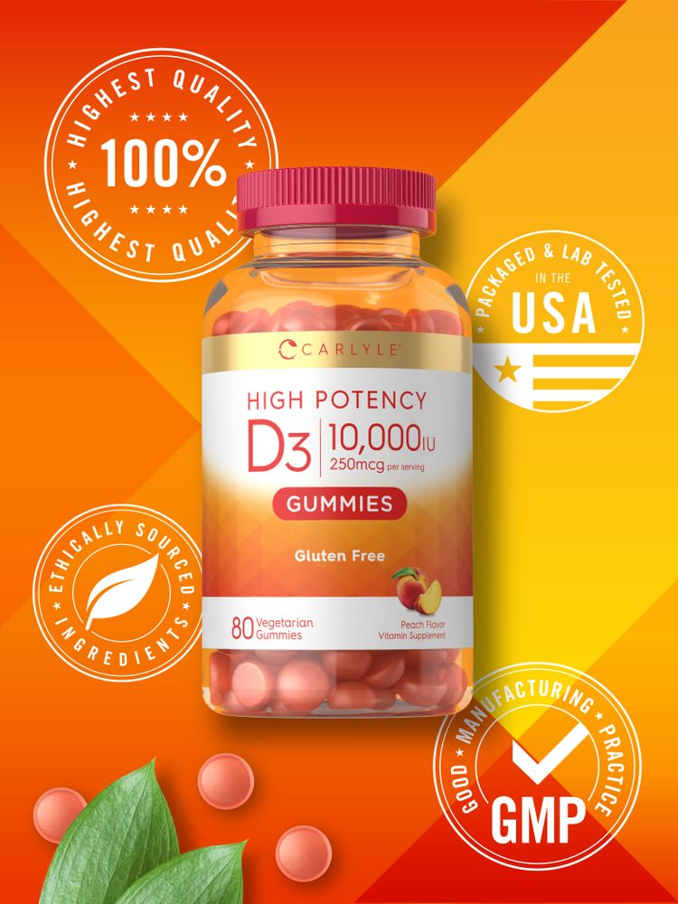 Carlyle Vitamin D3 10,000IU peach-flavored gummies bottle, containing 80 Vegetarian Gummies.