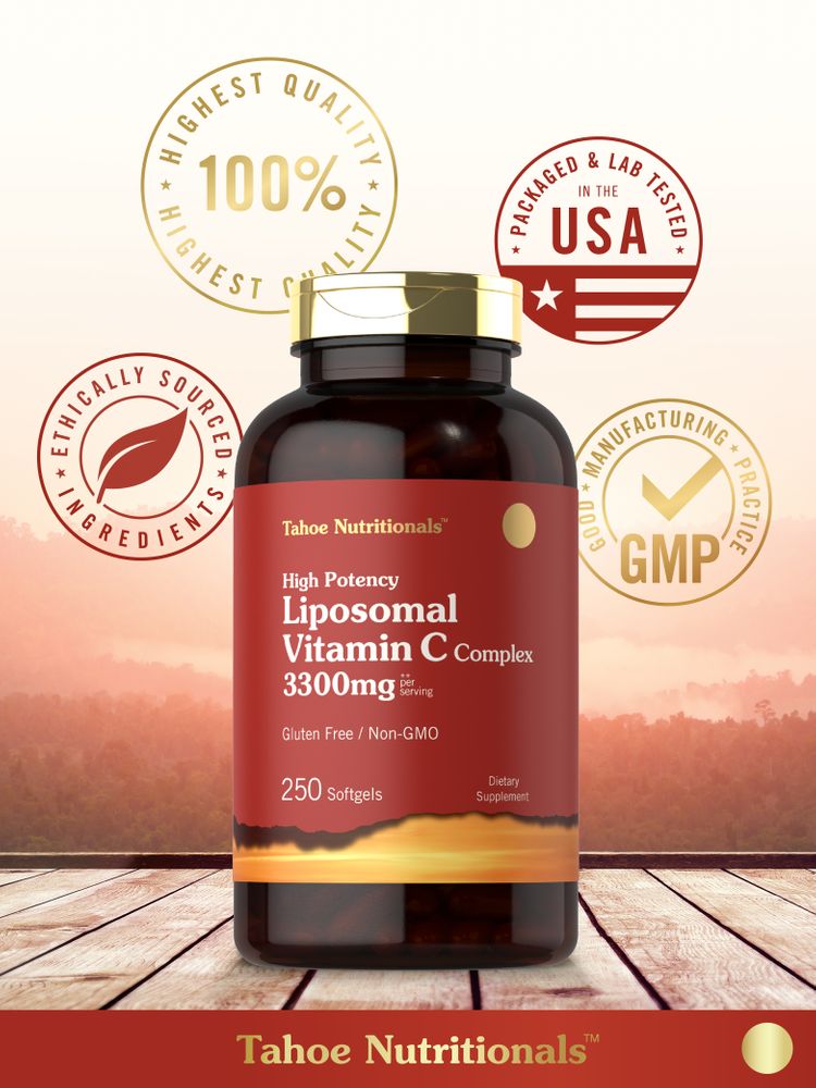 Hand holding a bottle of Liposomal Vitamin C Complex 3300mg containing 250 softgels.