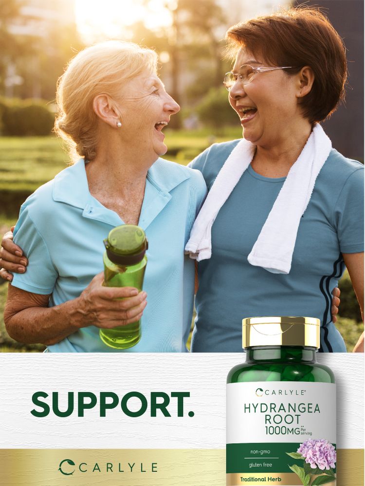 Two senior women laughing outdoors, one holding a water bottle, beside a Carlyle Hydrangea Root 1000mg bottle.