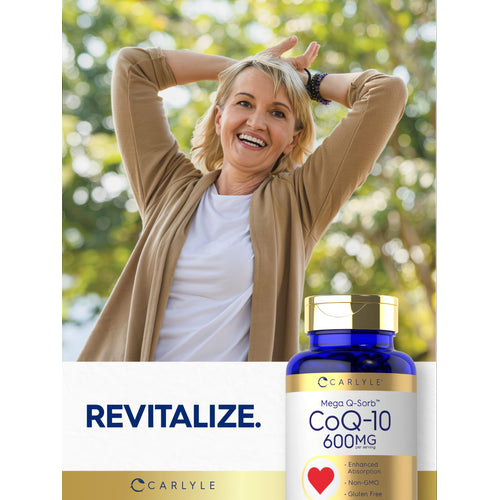 View 6 Middle-aged woman smiling with arms behind head next to Carlyle CoQ-10 bottle, looking content.