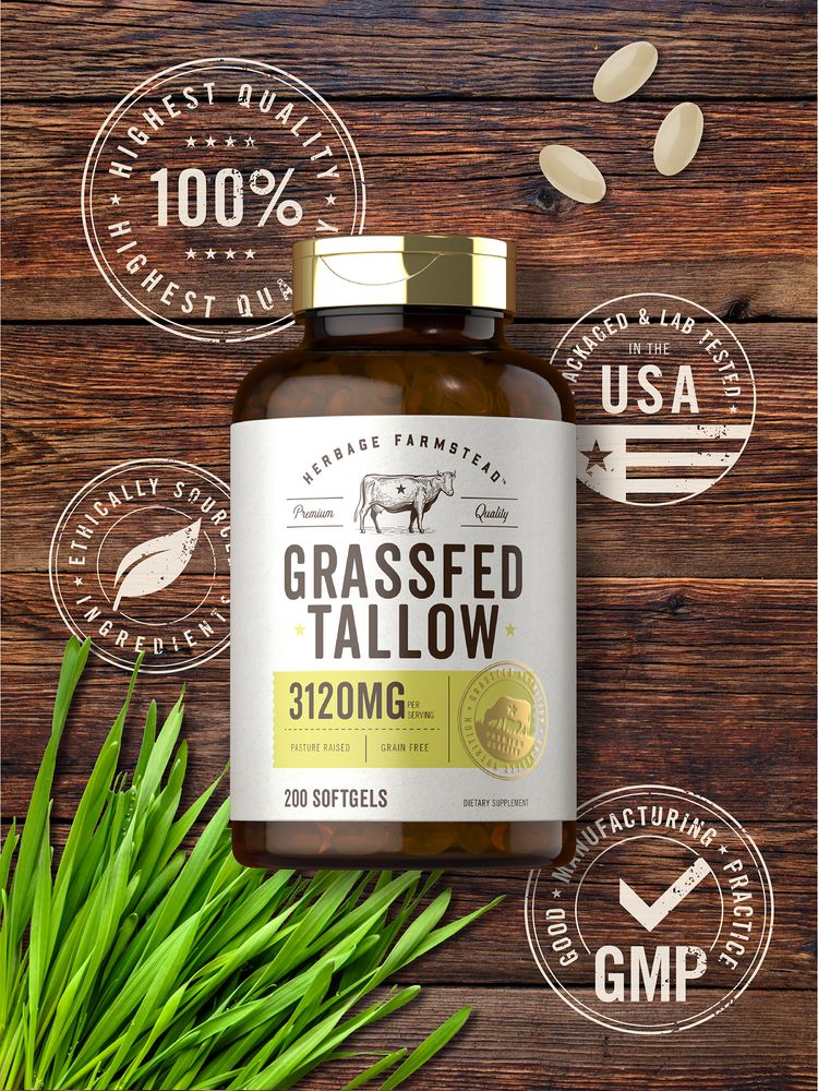 A hand holding a bottle of Three Grass Fed Tallow 3120 mg softgels, highlighting the product's bulk scale and natural origin.