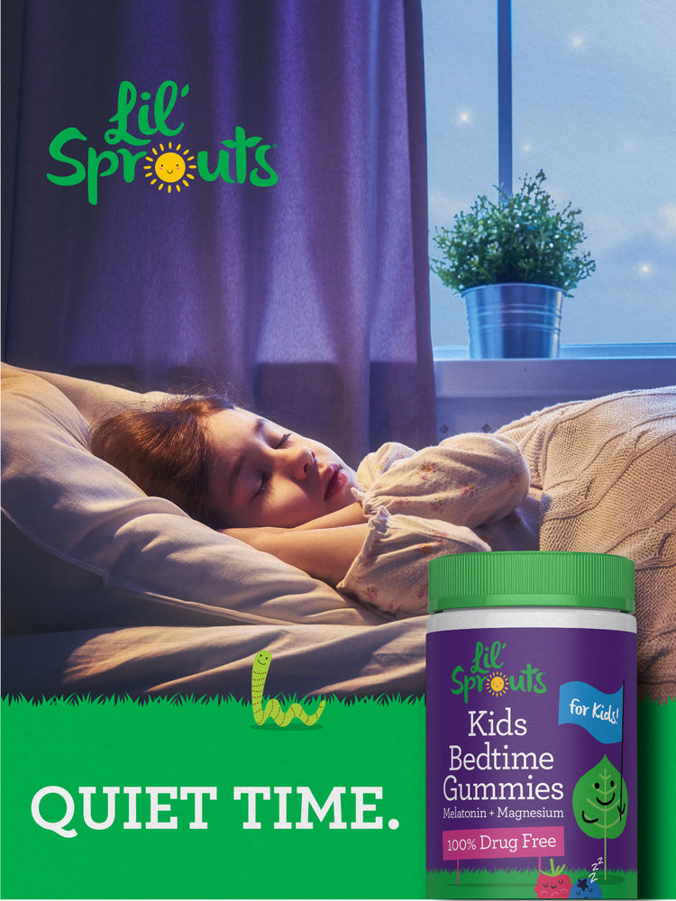 A young girl sleeps in bed beside a bottle of Kids Bedtime Gummies.