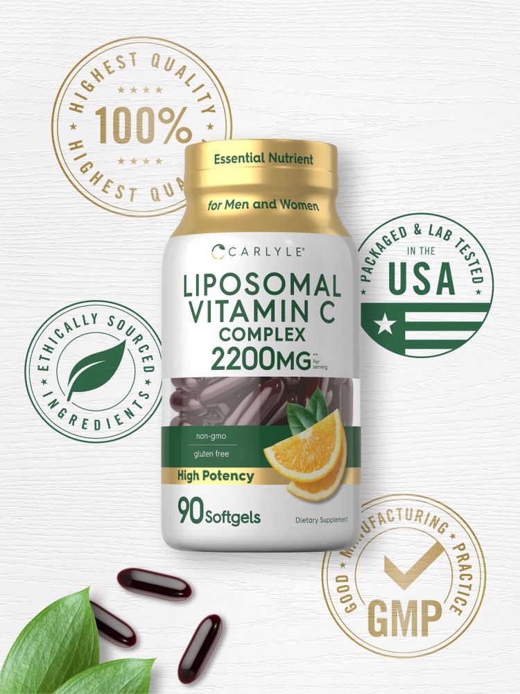 Hand holds dark red softgels for Carlyle Liposomal Vitamin C Complex 2200mg, 90 softgels.