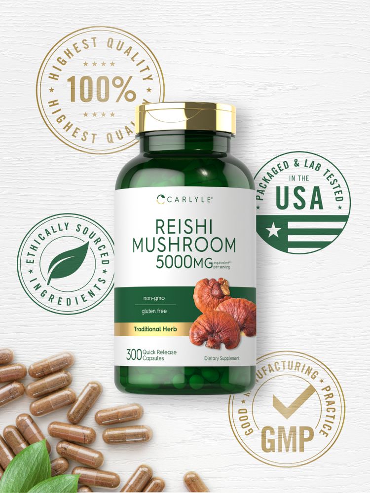 Quick Release Capsules of Reishi Mushroom, 5000 mg equivalent, shown on a hand scale for size reference.