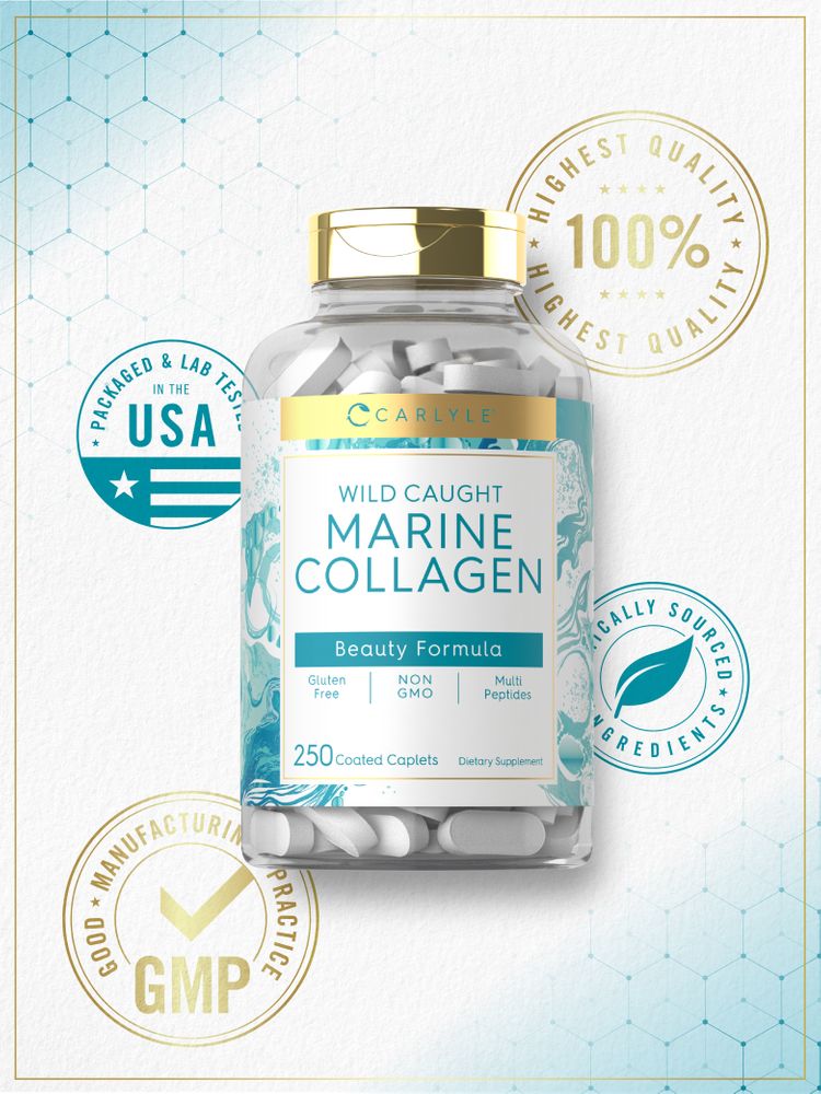 Marine Collagen supplement with 250 white caplets inside a clear bottle to support skin health.