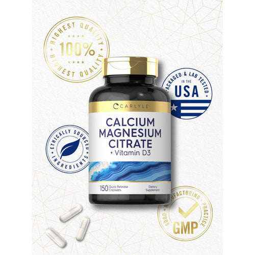 View 6 Three white Quick Release Capsules next to a Carlyle Calcium Magnesium Citrate + Vitamin D3 bottle with 150 capsules.