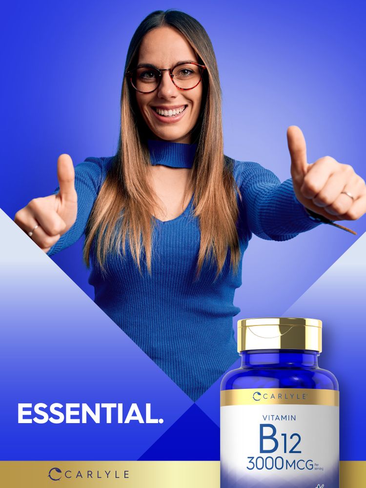 Hand holding Carlyle Vitamin B12 3000 mcg tablet bottle, showcasing product size and packaging.