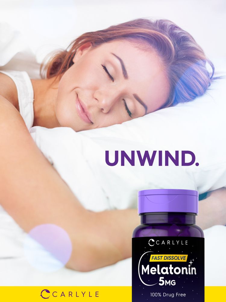 A young woman sleeps peacefully next to a Melatonin bottle.
