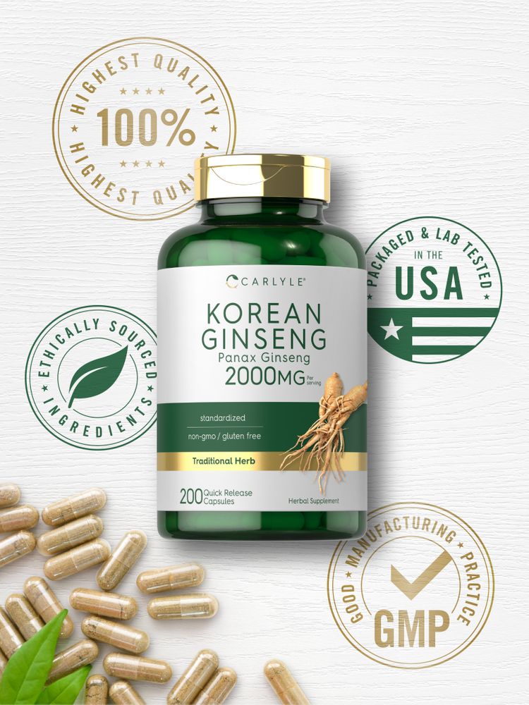 Beige quick release capsules scattered, labeled Carlyle Korean Ginseng, 200 capsule bottle.