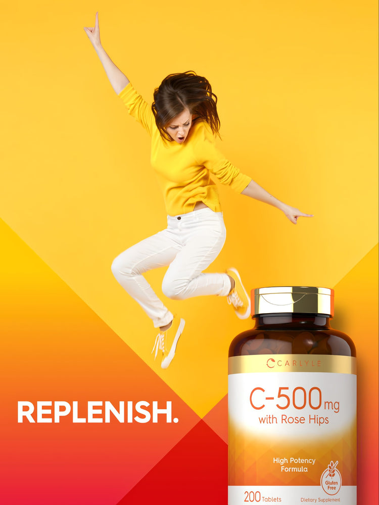 A young woman jumps energetically beside a C-500 mg bottle with Rose Hips.