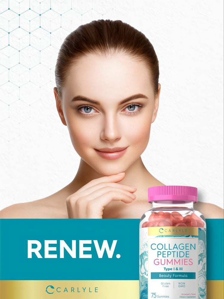 A bottle containing 75 pink, strawberry-flavored collagen peptide gummies.