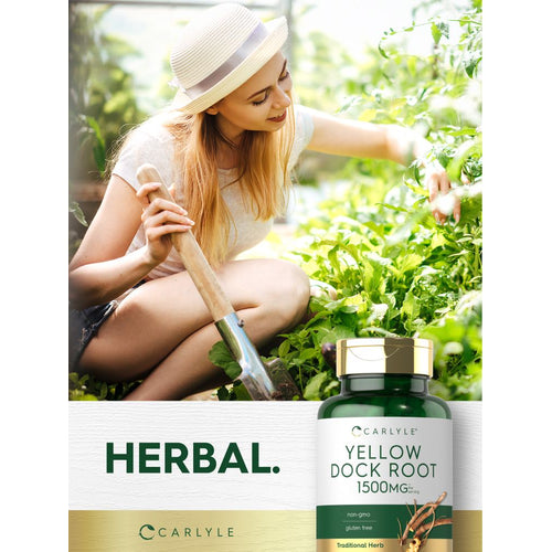 View 6 Young woman wearing straw hat gardens among green plants, next to Carlyle Yellow Dock Root 1500mg bottle.