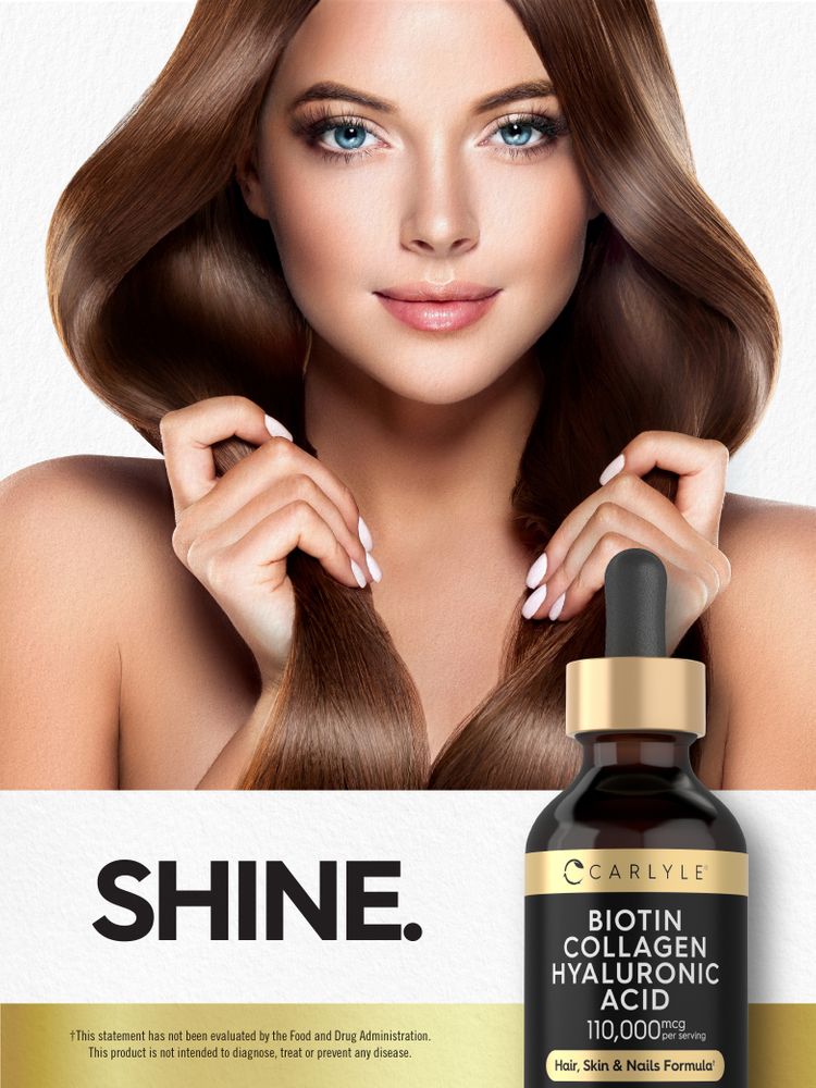A young woman with long, shiny brown hair touches her hair near a Carlyle Biotin Collagen Hyaluronic Acid 110,000 mcg liquid bottle.