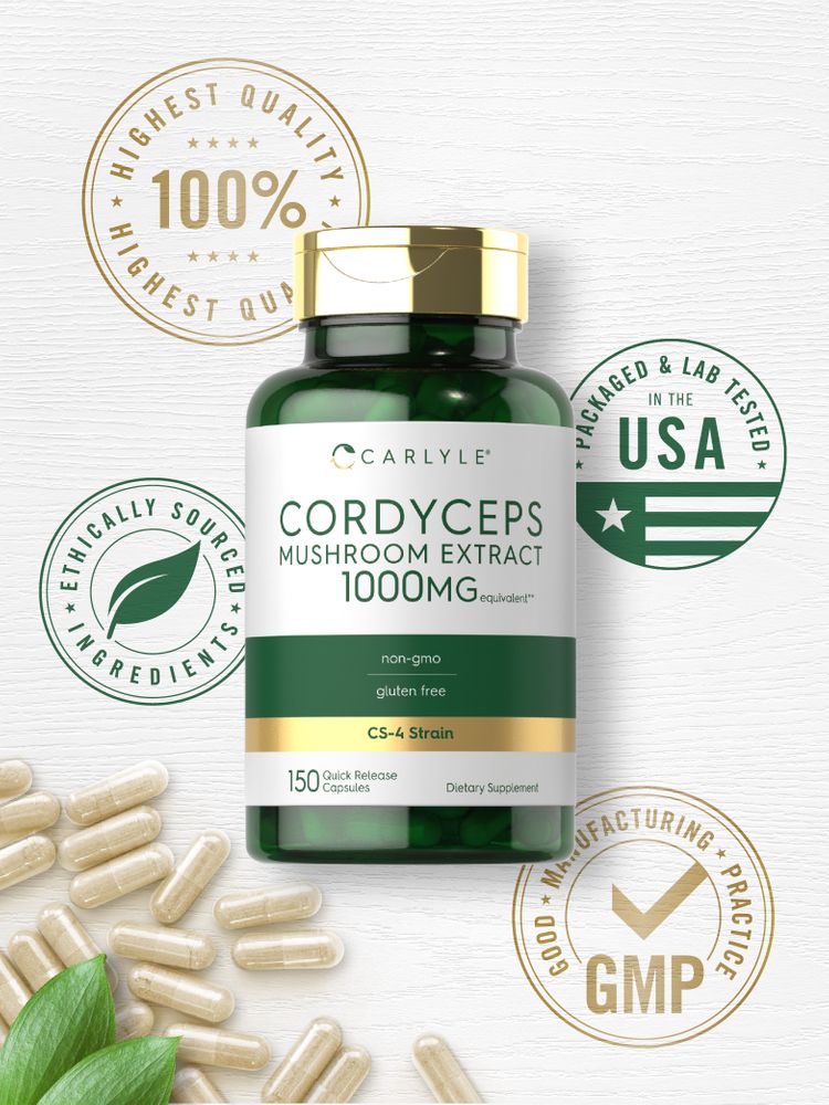 A hand holds Cordyceps Mushroom Extract 1000 mg Quick Release Capsules, showing their compact size and packaging.