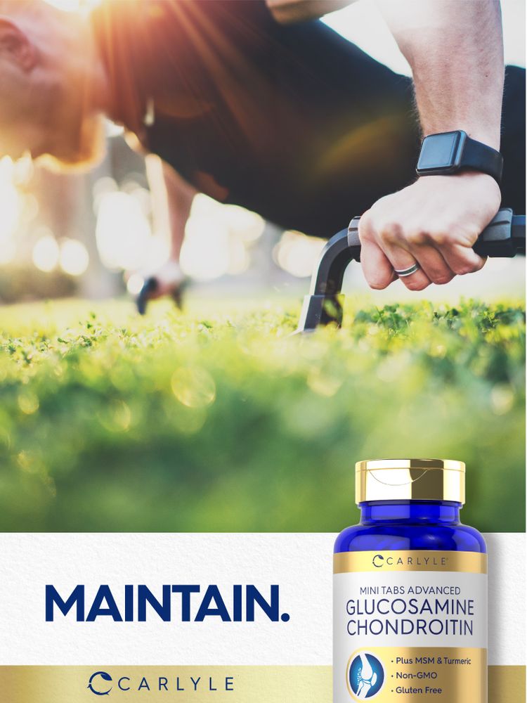 A man doing push-ups on grass outdoors with a Glucosamine Chondroitin bottle nearby.