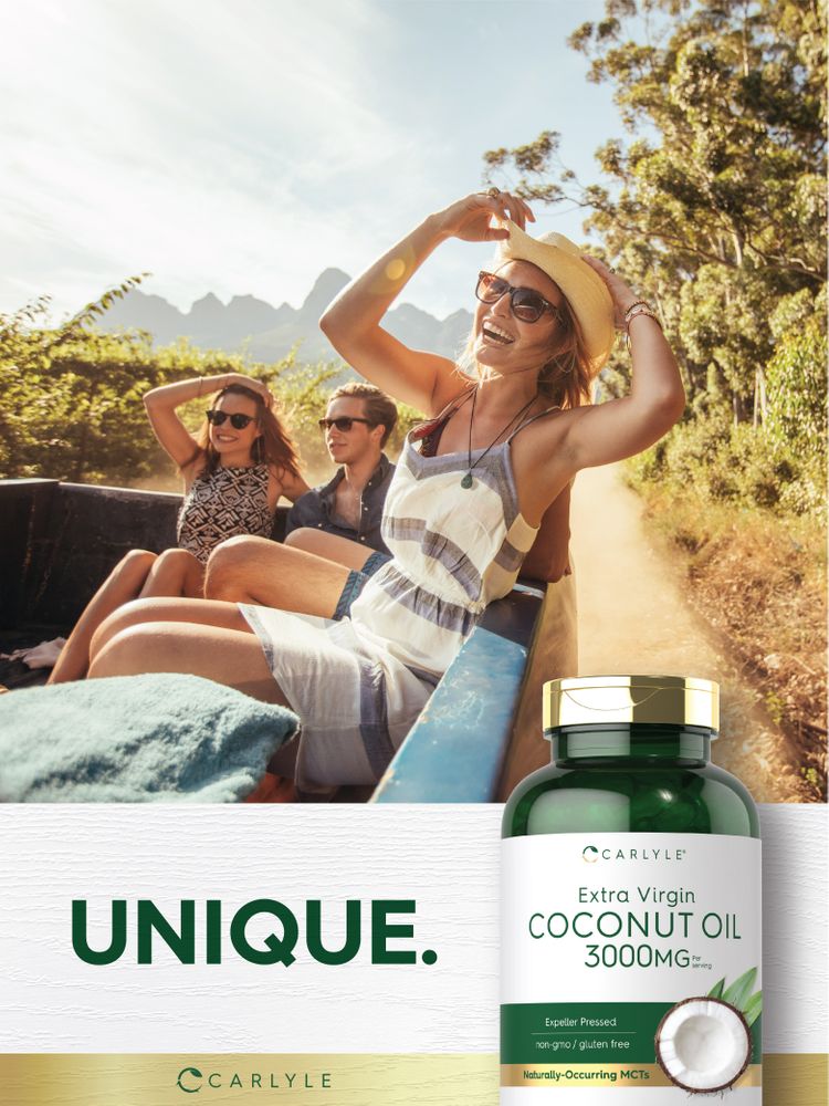 Carlyle Extra Virgin Coconut Oil 3000MG softgels, shown on a hand scale to demonstrate quantity and bulk sizing.