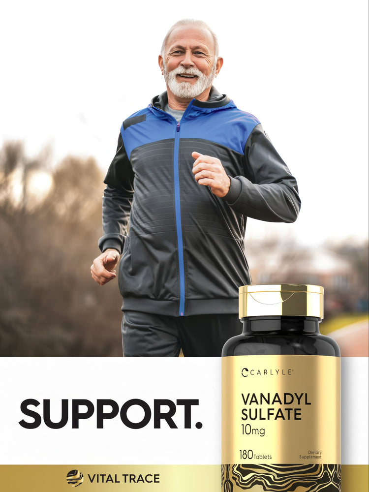 A bottle of Carlyle Vanadyl Sulfate 10mg containing 180 tablets as a dietary supplement on a hand scale.