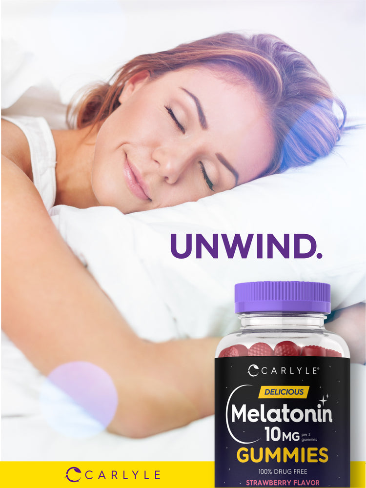 A young woman sleeps peacefully in bed next to a bottle of Carlyle Melatonin Gummies.