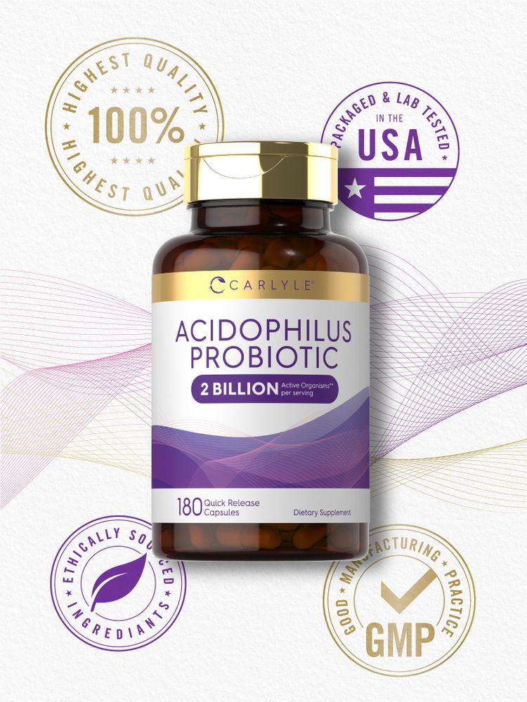 Carlyle Acidophilus Probiotic offers 2 billion active organisms per serving with 180 quick release capsules.
