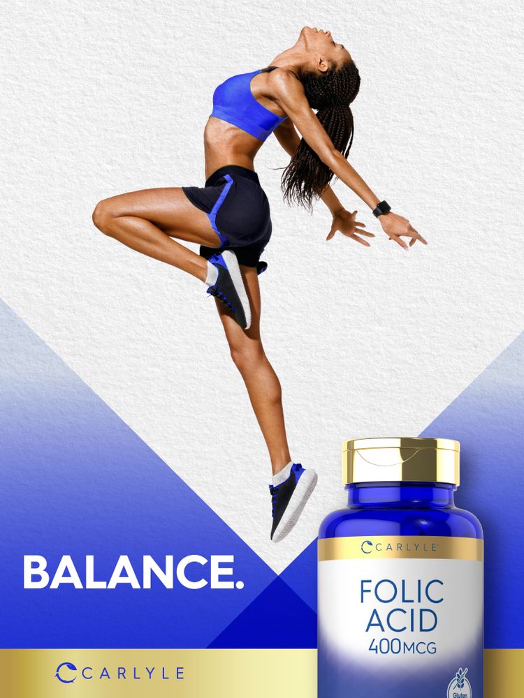 A young adult woman dances beside a bottle of Carlyle Folic Acid.