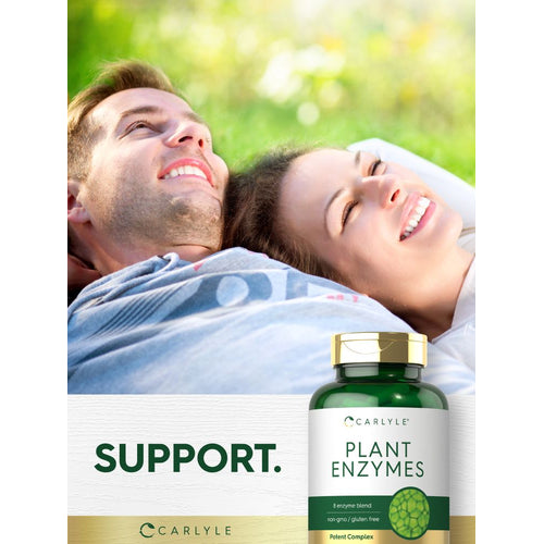 View 6 Young couple lying on grass, smiling upwards with a bottle of Carlyle Plant Enzymes beside them. Text reads: SUPPORT.