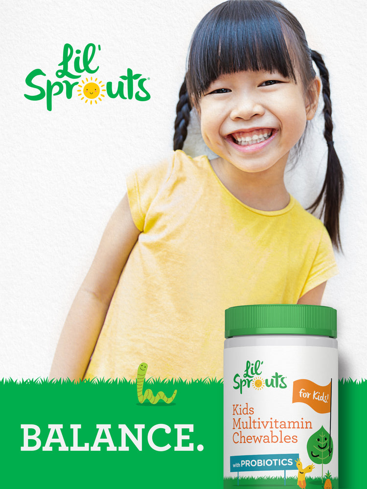 Lil' Sprouts Kids Multivitamin Chewables with probiotics, designed for children's health.